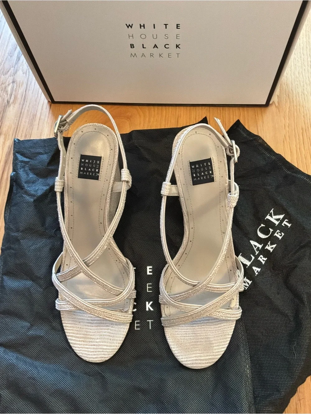 White House Black Market Light Beige/Gray Strappy Wedge Sandals, Size 7.5